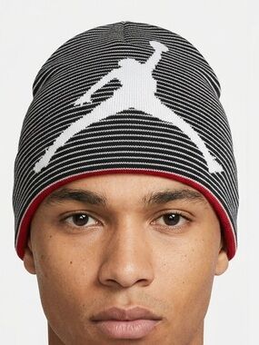 Jordan Black & White Striped Beanie with Red Hem